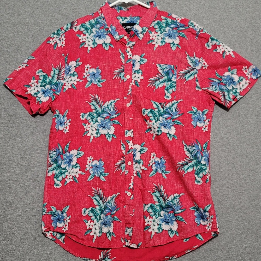 Carbon Men's Hawaiian Shirt Size XL Red Floral Aloha Short Sleeve Button Up